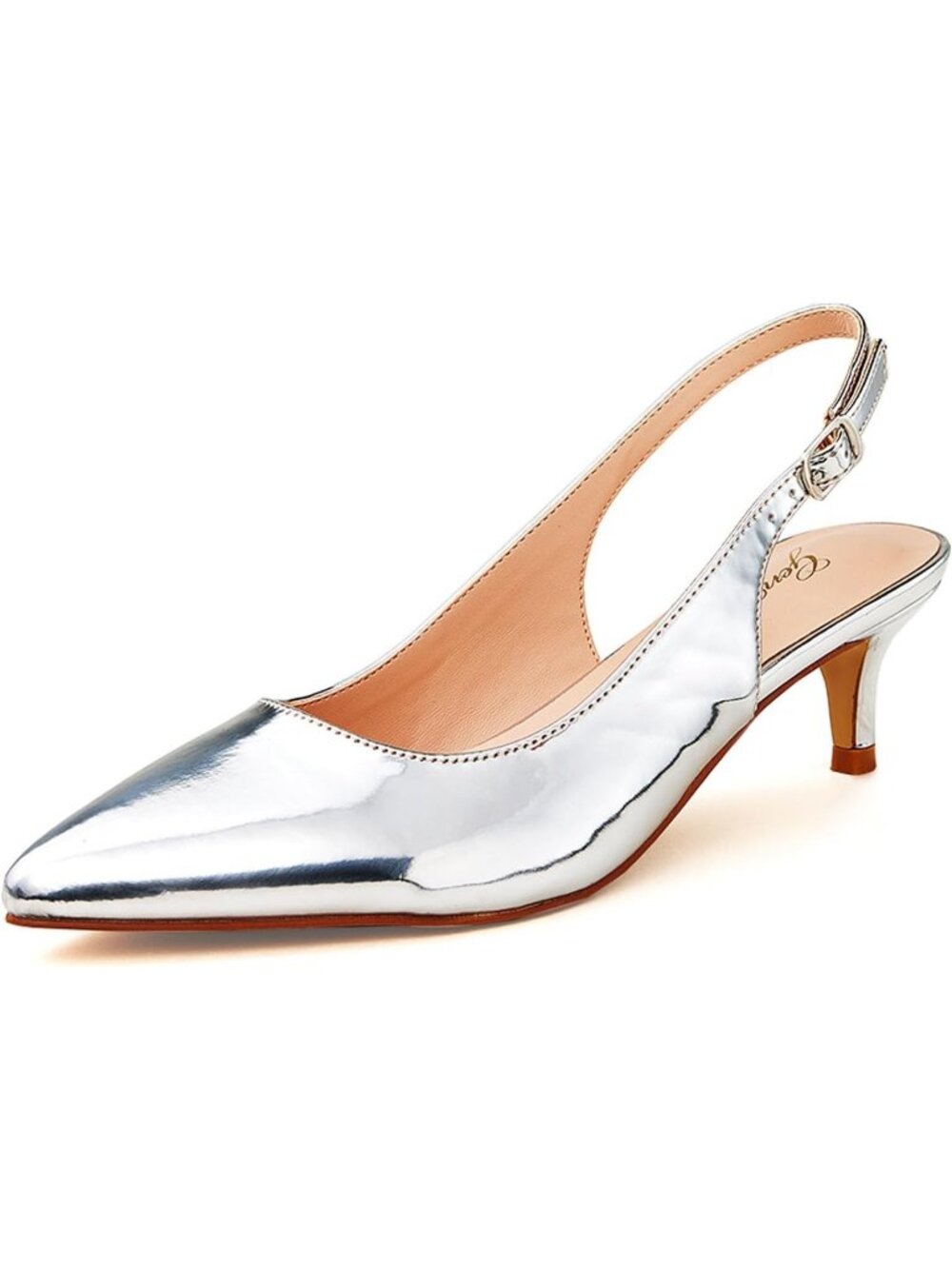Women's Metallic Silver Slingback Pump Pointed Closed Toe Low Kitten Heel Shoes